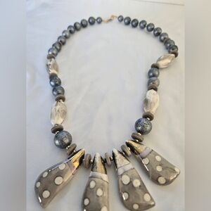Handcrafted Artisan Beaded Necklace | Ceramic & Glass Statement | Neutral Boho